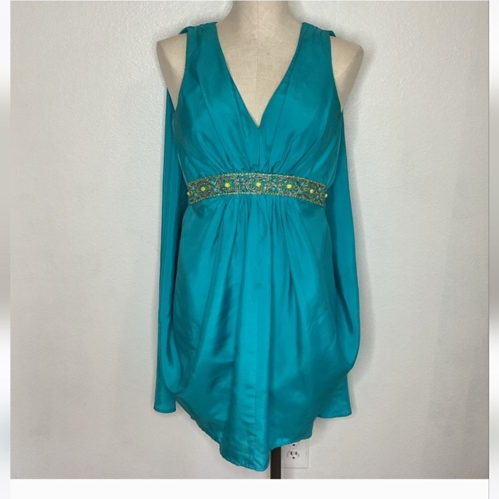 Trina Turk -The Real Real Aqua Silk Beaded Sleeveless Cape Dress Sz.0 Ret.$425